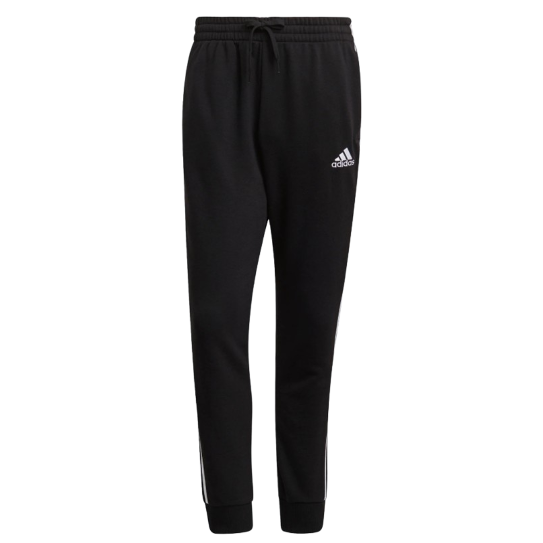Black Adidas sweatpants with an elastic waistband, drawstring, and cuffed ankles. Features the Adidas logo on the left thigh.