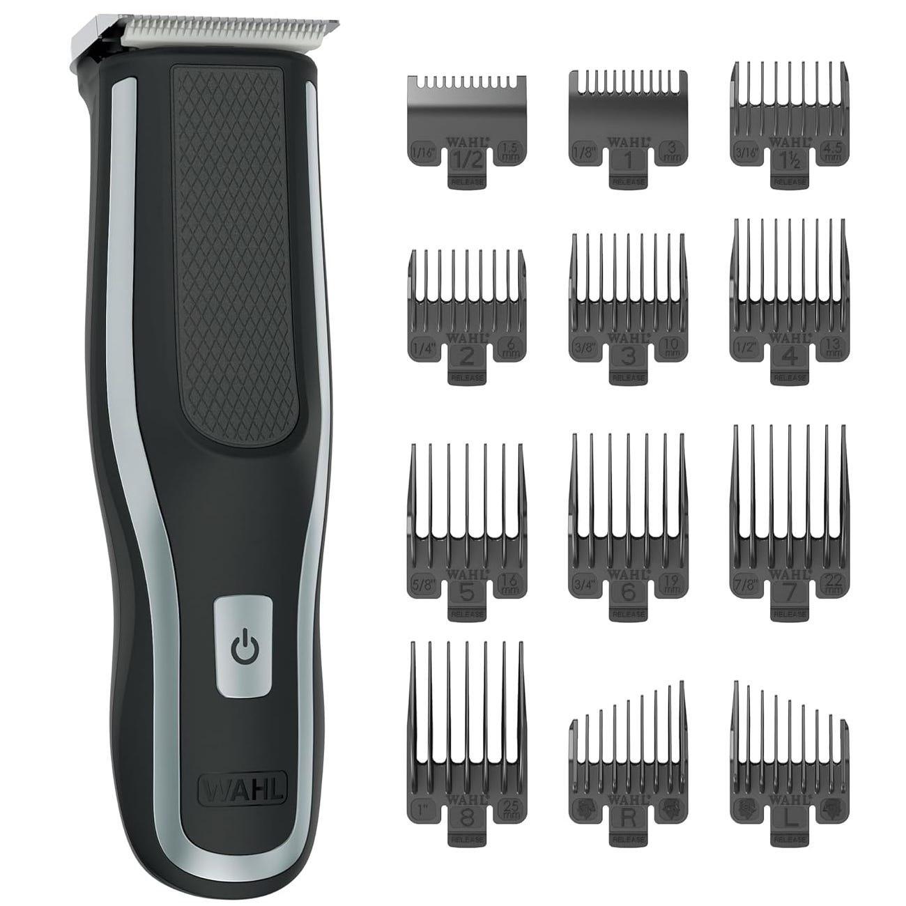 A black Wahl electric trimmer with a rubberized grip is shown alongside 12 attachment combs of varying sizes, suitable for different hair lengths.