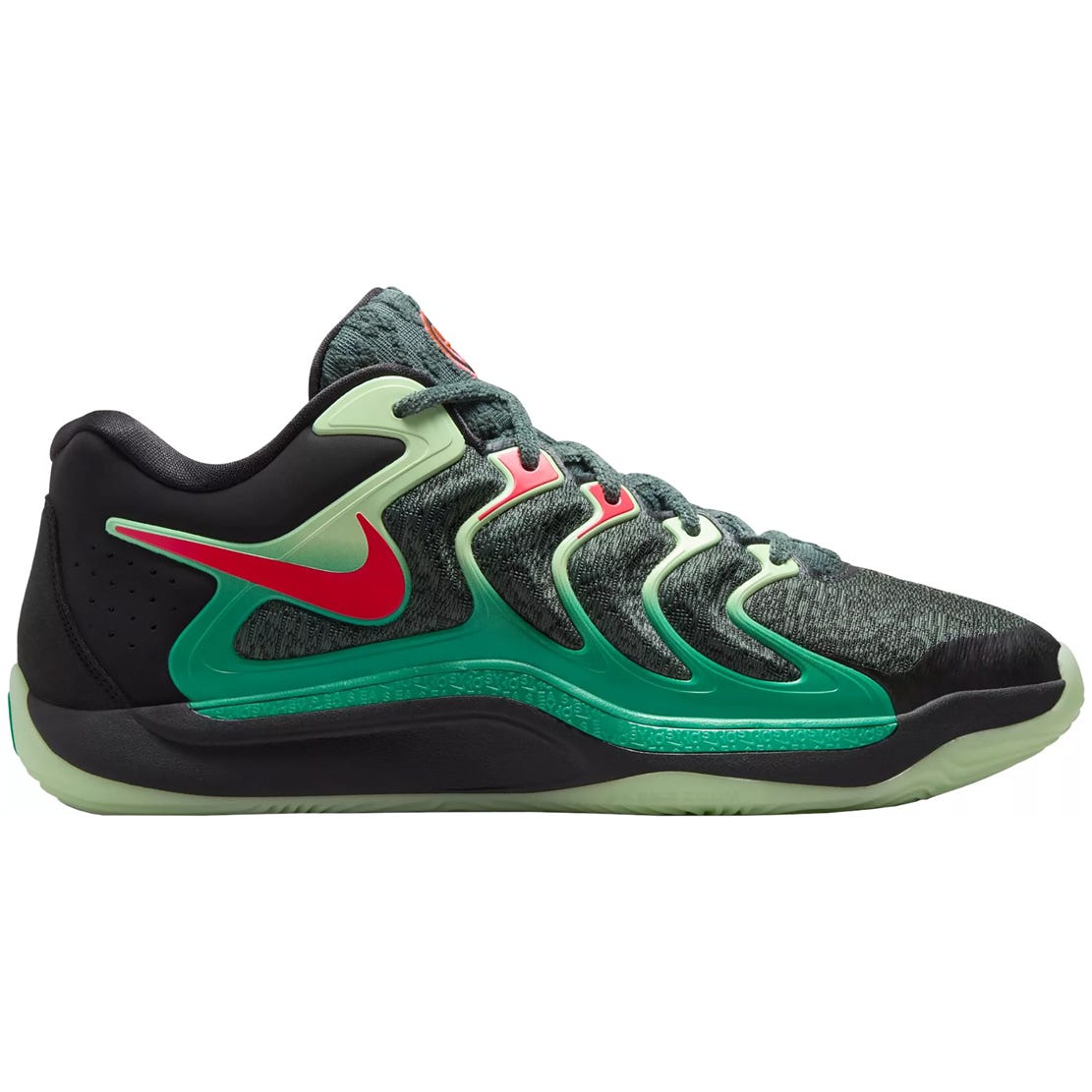 Nike tennis shoe featuring a green and black design with red accents and a distinctive Swoosh logo, offering a dynamic and sporty appearance.