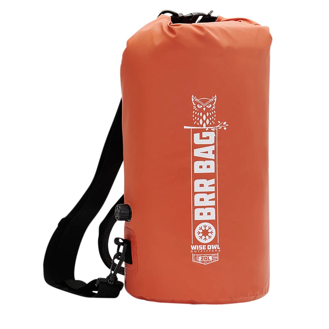 Orange waterproof dry bag with a 20-liter capacity and adjustable shoulder strap, featuring a logo with an owl design and the text \“BRR BAG Wise Owl Outfitters.\“