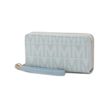 Light blue wallet with a wrist strap, featuring repeating \“M\“ patterns and a zippered closure.