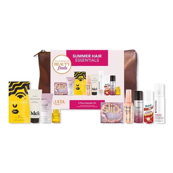 A 9-piece Summer Hair Essentials sampler kit from Ulta Beauty with various hair care products, including brands like Pattern, Odele, Slip, Joico, and Batiste, packaged in a brown pouch.
