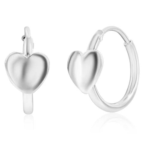 Silver hoop earrings featuring a heart-shaped charm.