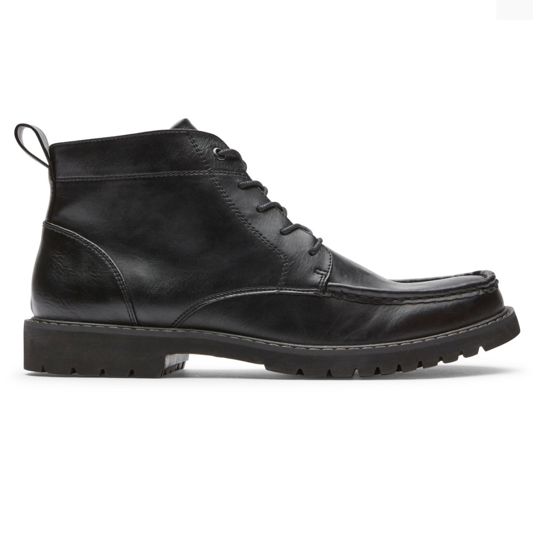 Black leather ankle boot with laces and a low heel.