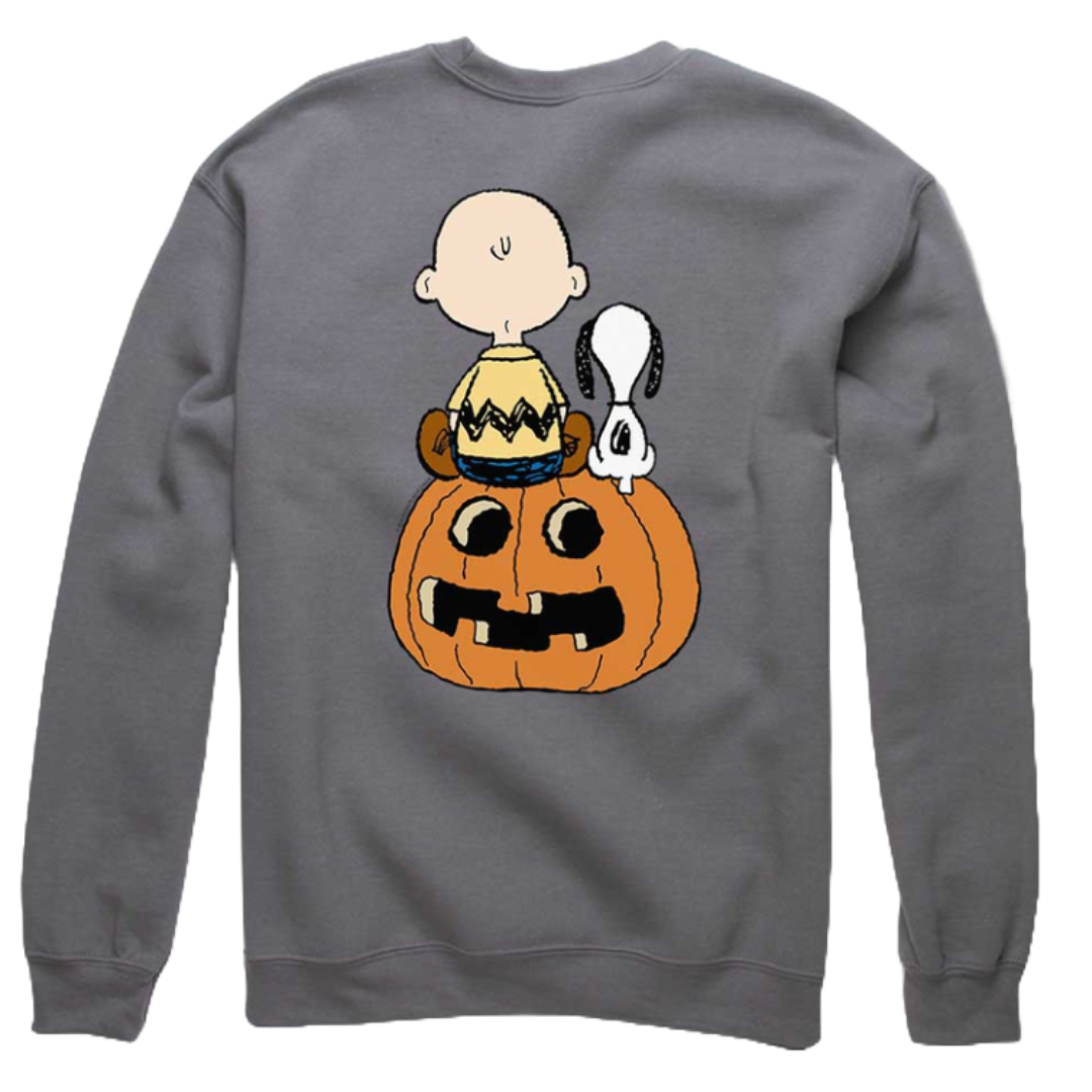 A gray sweatshirt featuring cartoon characters sitting on a jack-o'-lantern.