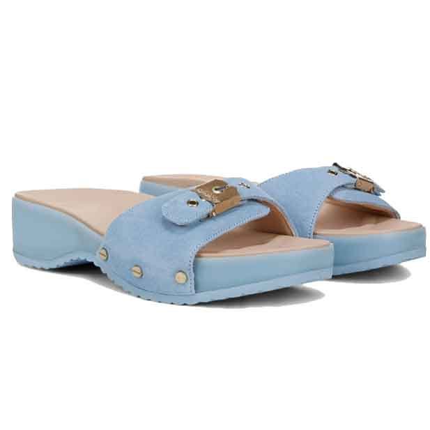 Light blue open-toe Dr. Scholl's slide sandals with suede straps, featuring gold-tone buckles and rivet details, and a low heel for casual wear.