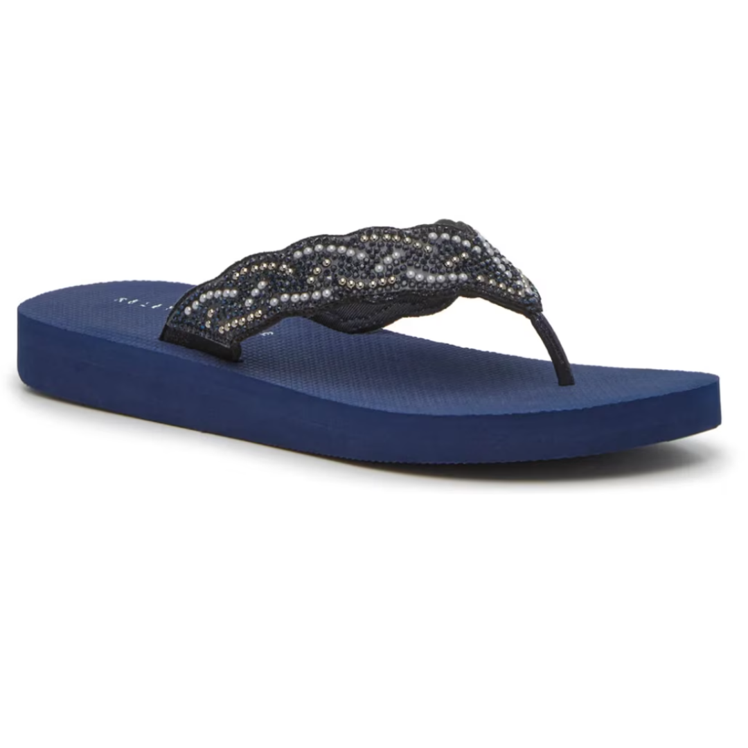 Blue flip-flop sandal with embellished straps featuring a wavy design and small decorative beads.