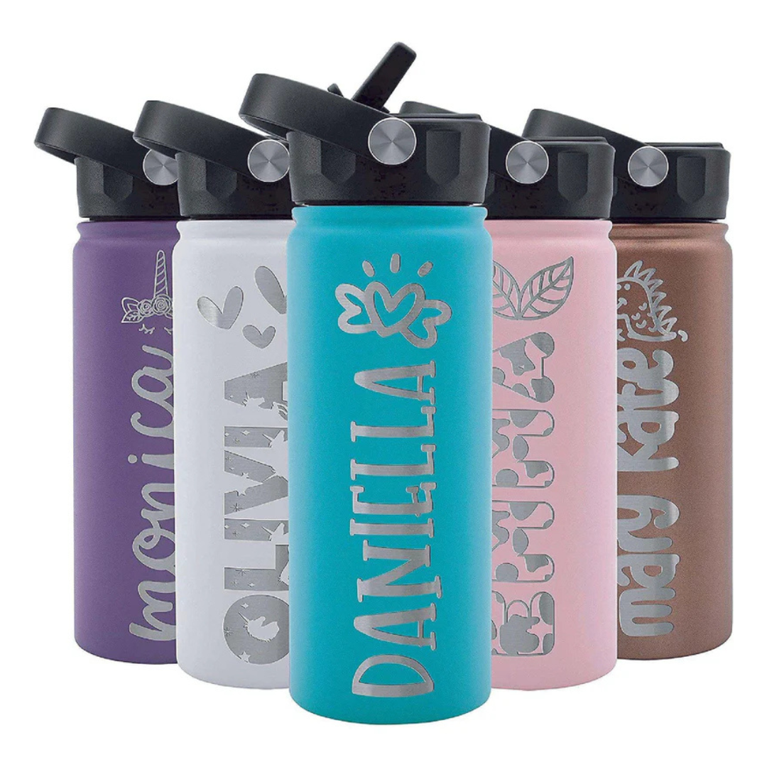 Five colorful water bottles with personalized names and designs, featuring flip-top lids. Colors include purple, white, blue, pink, and brown.
