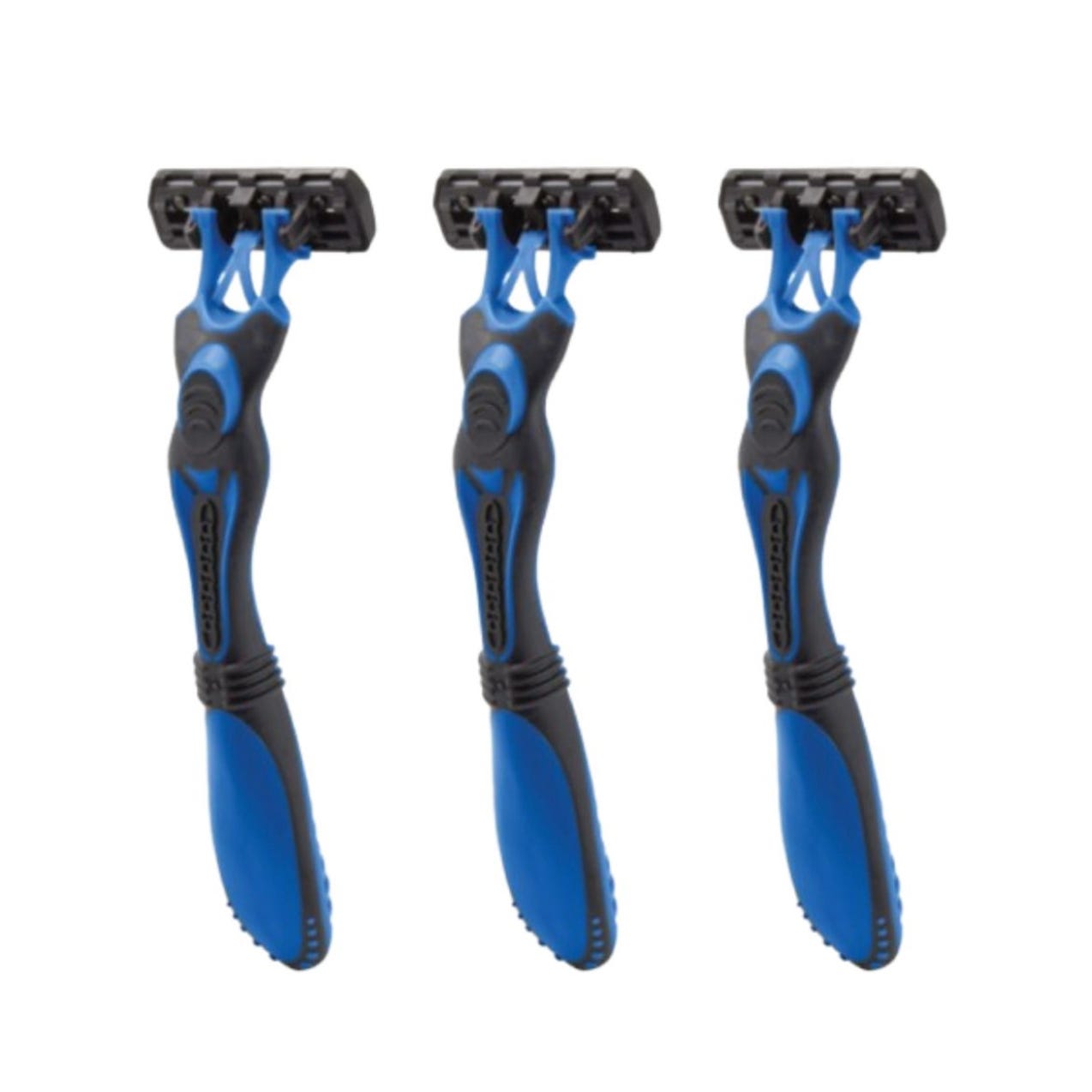 Three disposable razors with blue and black handles and multiple blades, designed for shaving.