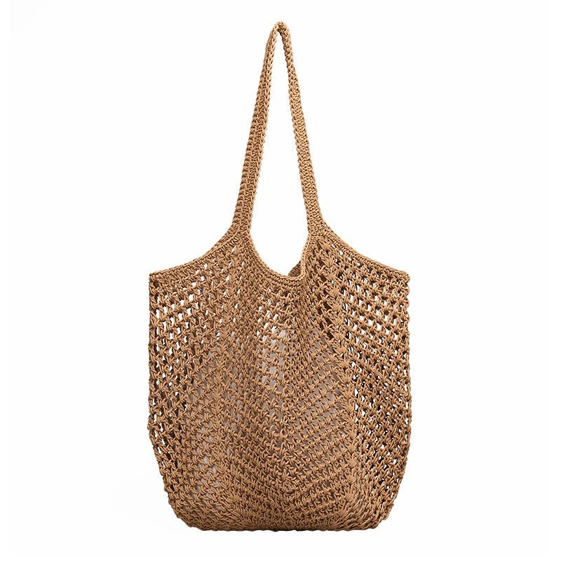 A brown knitted tote bag with an open weave design and shoulder straps.