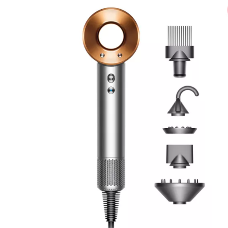 A sleek hair dryer with a distinctive hollow circular head and multiple magnetic attachments for different styling needs.