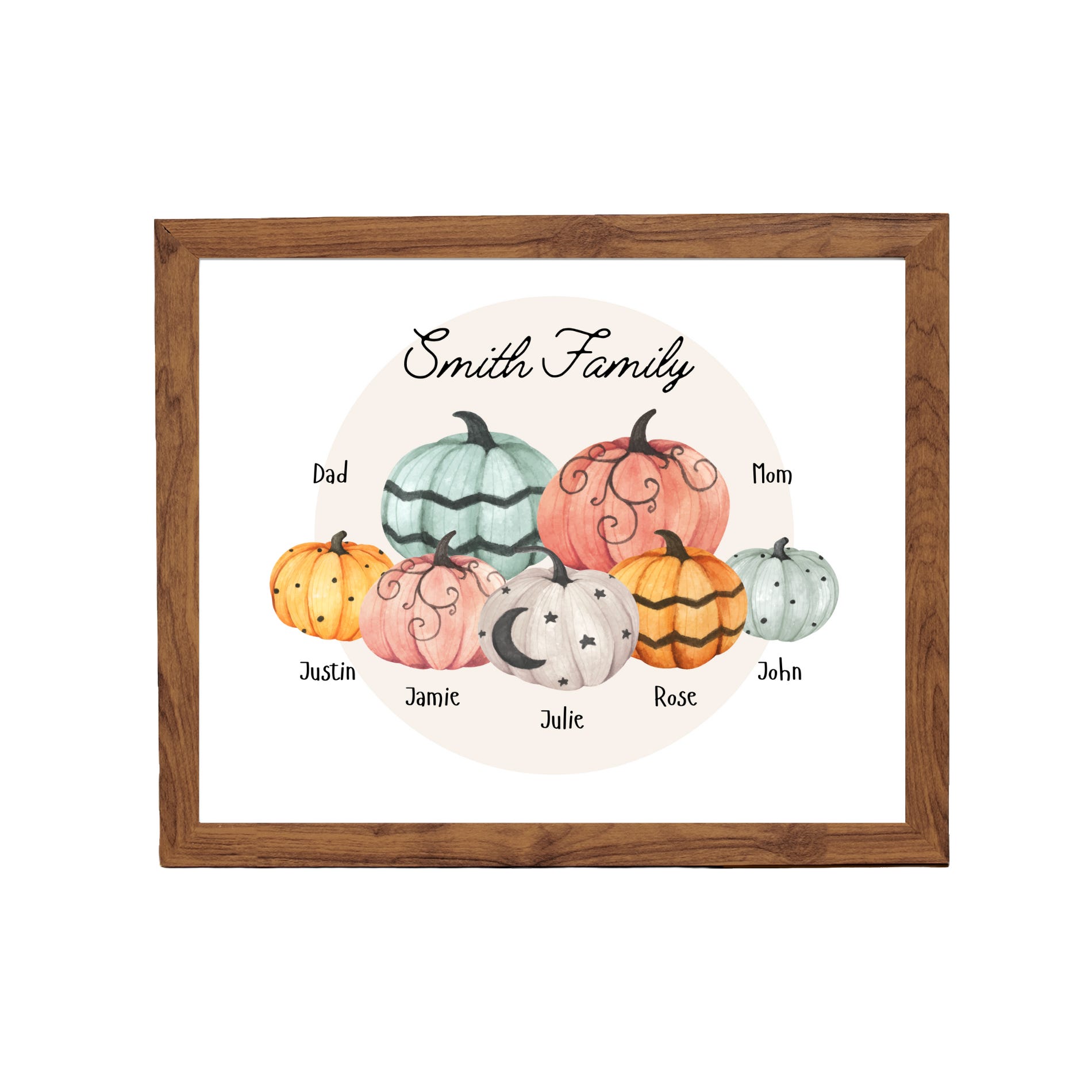 A framed print features a watercolor illustration of pumpkins labeled with the names \“Dad\“, \“Mom\“, \“Justin\“, \“Jamie\“, \“Julie\“, \“Rose\“, and \“John\“, above which \“Smith Family\“ is written.
