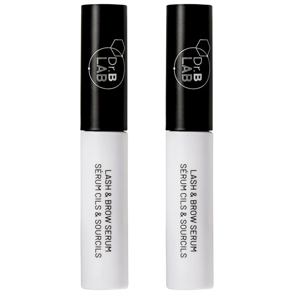 2-pack of Dr. Brandt Lash & Brow Serum designed to enhance and nourish eyelashes and eyebrows. Black cap with white tube, labeled \“Lash & Brow Serum\“ along with \“Sérum Cils & Sourcils.\“