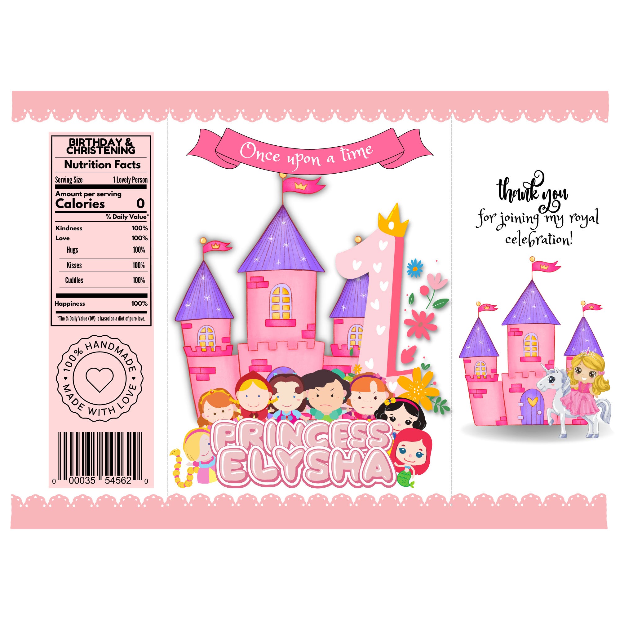 Illustrated princess-themed party decorations with a castle, flowers, birds, and a group of princess characters.