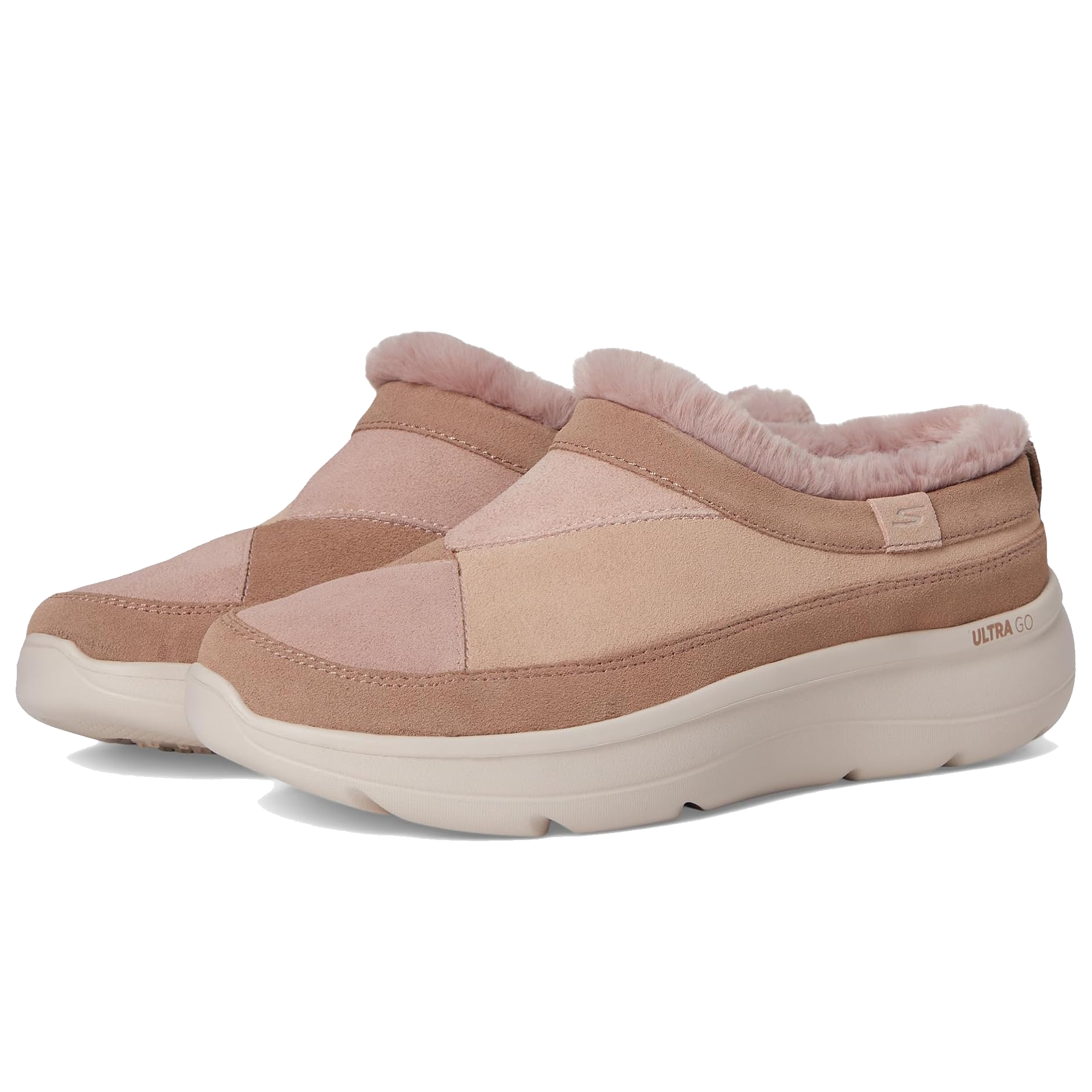 These are pink Skechers Cozy Suede Mules with a plush lining and cushioned sole. They feature \“ULTRA GO\“ technology for added comfort and a slip-on design for easy wear.