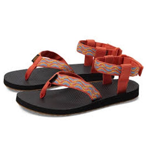 Pair of sandals featuring a black sole and orange straps with a colorful, wavy pattern design.