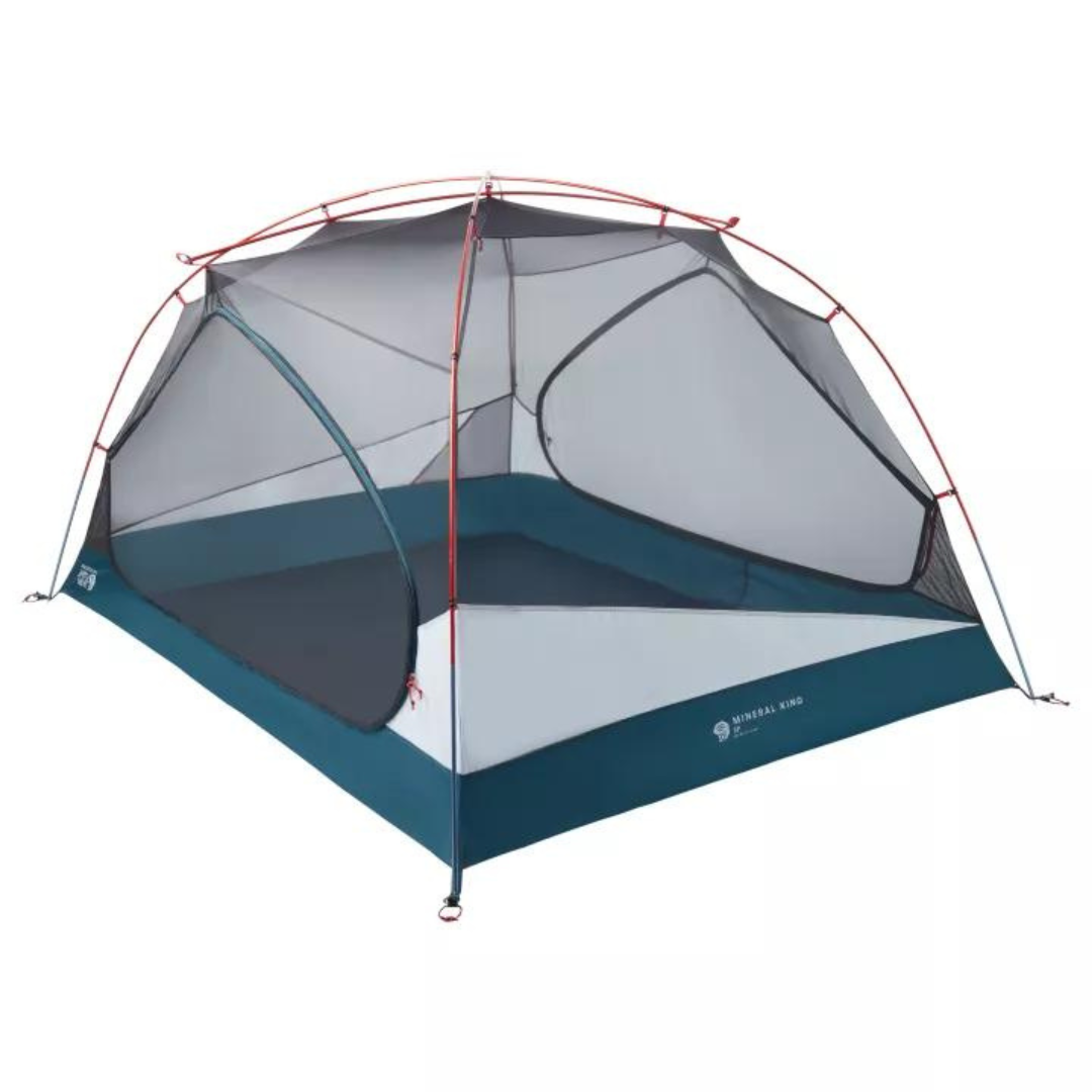 A dome-shaped camping tent with a transparent mesh top and a blue and grey color scheme.