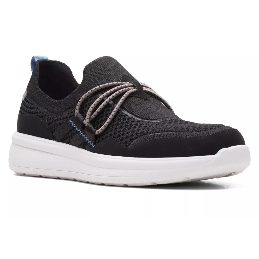 Black slip-on sneaker with white sole and elastic laces.