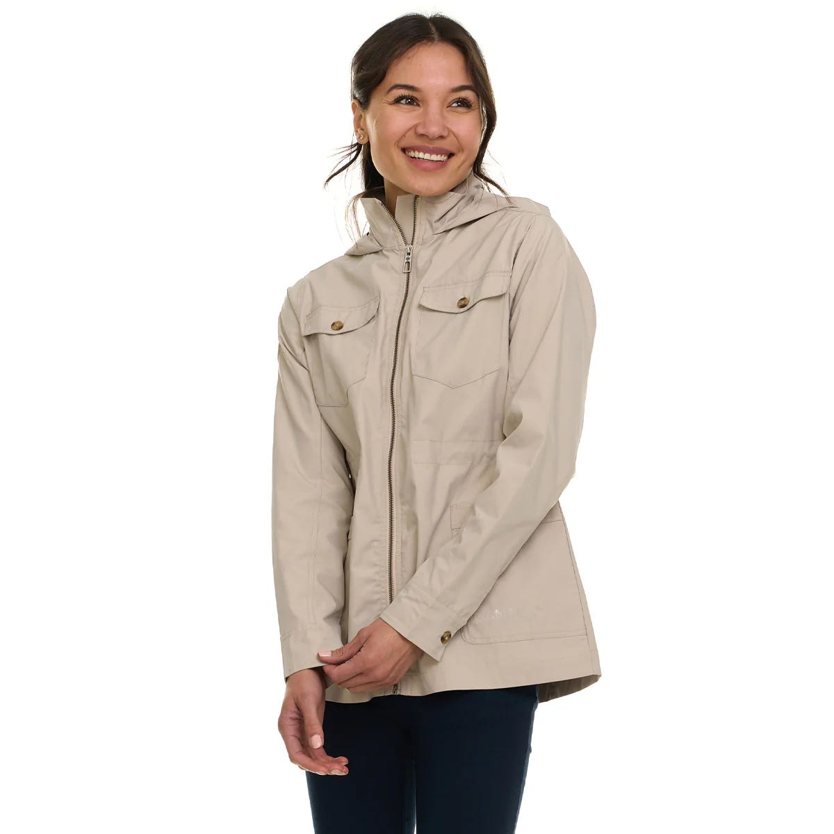 Beige rain jacket with a hood, featuring front buttoned flap pockets and a full zip closure. It has a fitted waist and long sleeves, suitable for outdoor activities.