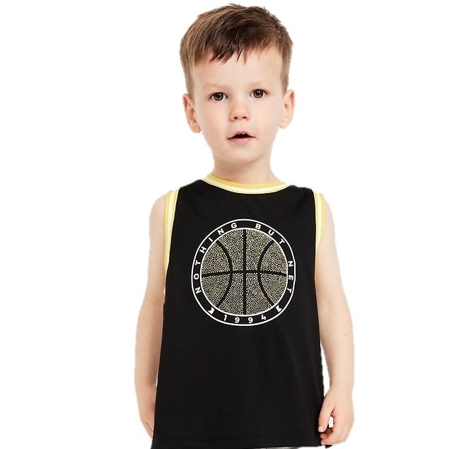 A young child wearing a black sleeveless shirt with yellow trim, featuring a basketball graphic and the text \“NOTHING BUT NET 1994\“ on the front.