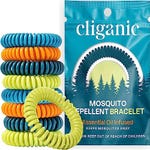 A stack of colorful coiled mosquito-repellent bracelets branded as Cliganic with packaging that highlights essential oil infusion and mosquito repelling properties.