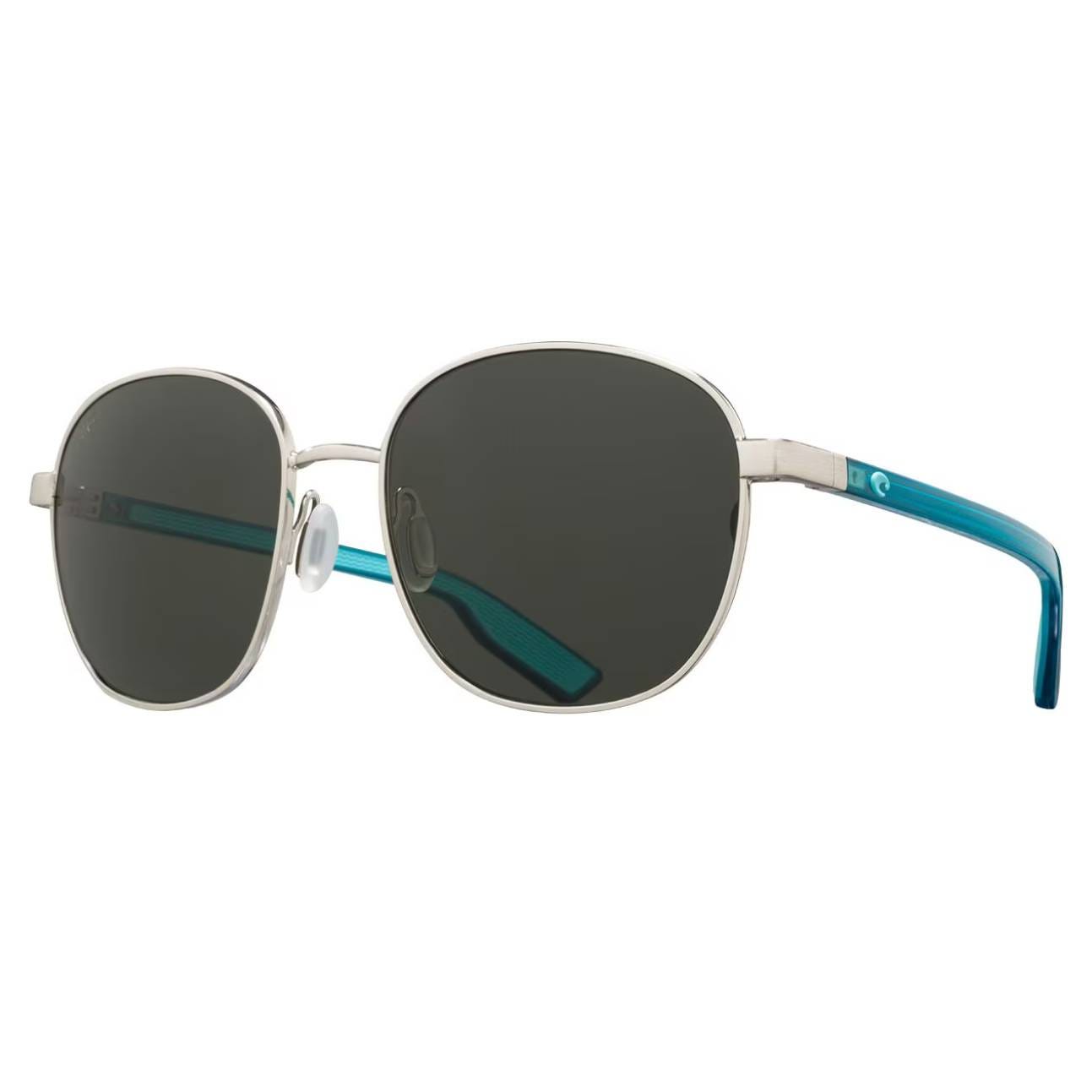 Costa Polarized Sunglasses feature square metal frames with dark lenses and blue temple arms. They include adjustable nose pads for comfort.