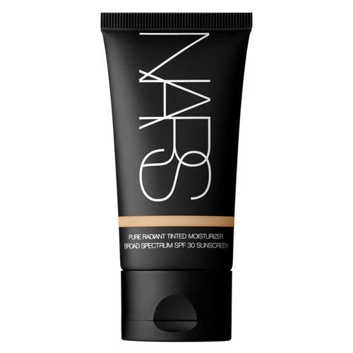 NARS Pure Radiant Tinted Moisturizer is a lightweight facial product offering broad-spectrum SPF 30 sunscreen and a radiant, sheer coverage. It comes in a sleek black tube with bold branding.