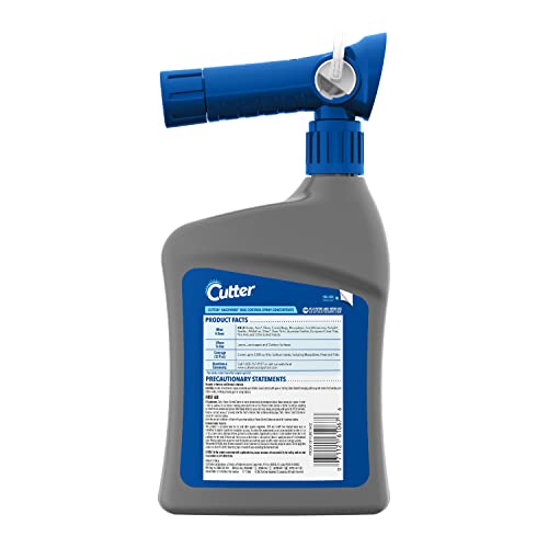 A Cutter Backyard Bug Control Spray bottle with a blue spray nozzle and a grey bottle labeled with usage instructions and regulatory statements.
