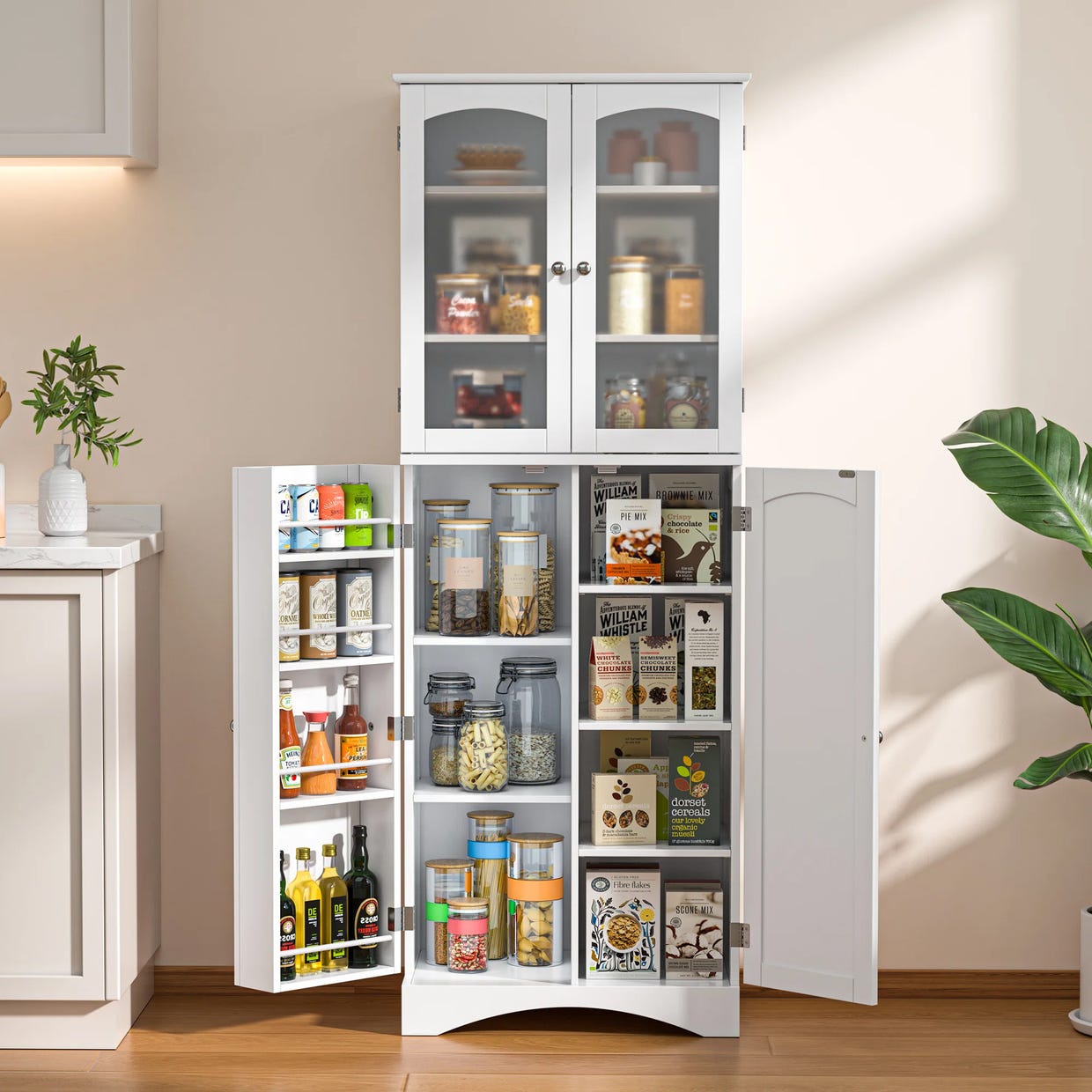A white pantry cabinet with glass doors filled with various food items such as pasta, grains, oils, and snacks.