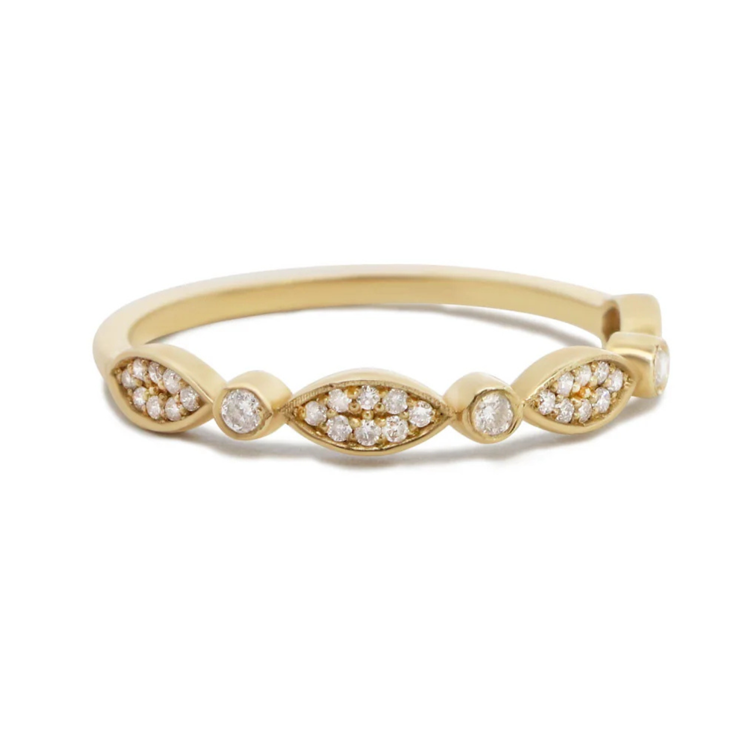 A delicate gold band featuring a series of marquise and round-shaped bezels set with small diamonds, creating an elegant and sparkling design.