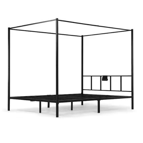 Black metal canopy bed frame with a simple, modern design, including a built-in headboard and footboard.