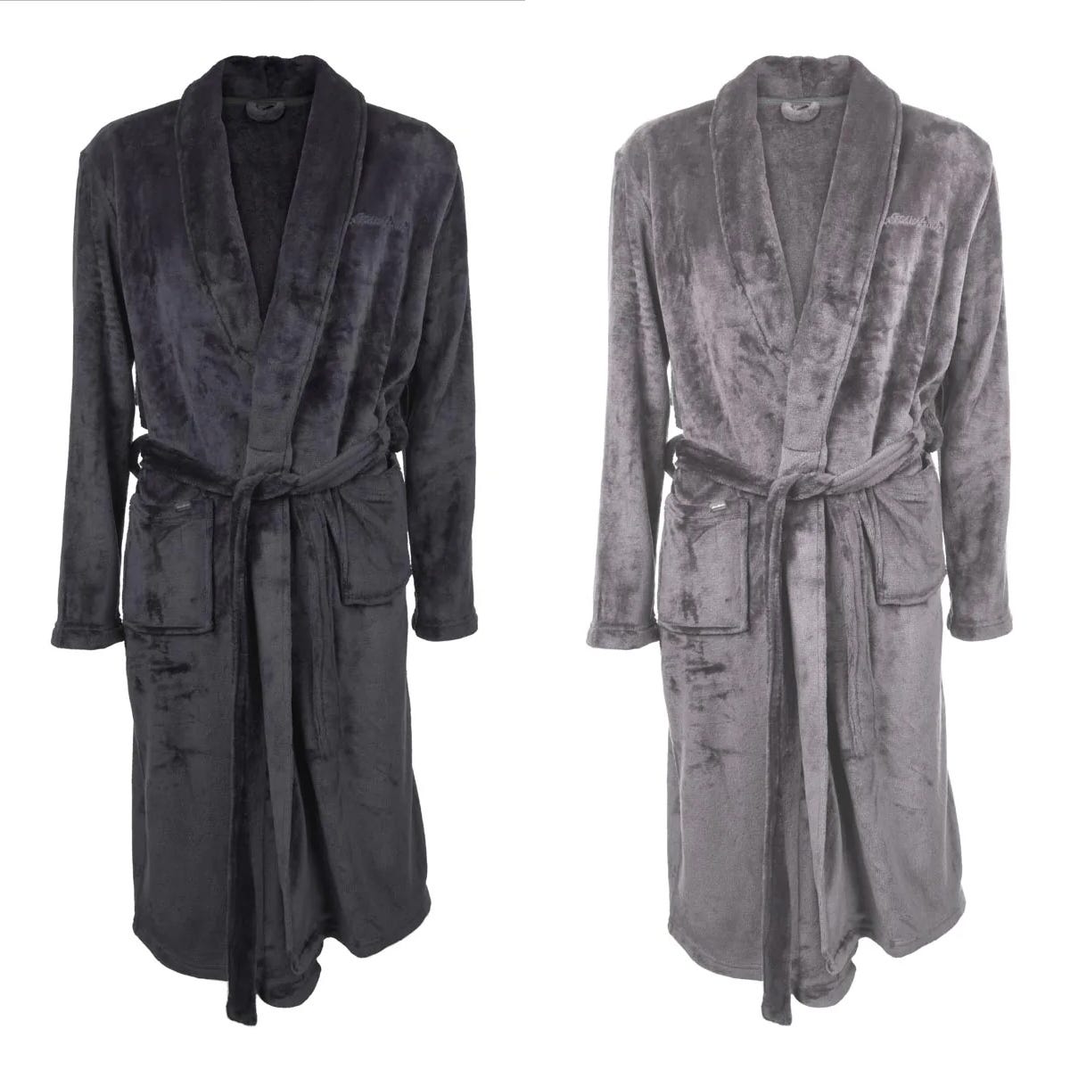 Two plush bathrobes displayed in dark and light grey colors, featuring a shawl collar and waist tie.