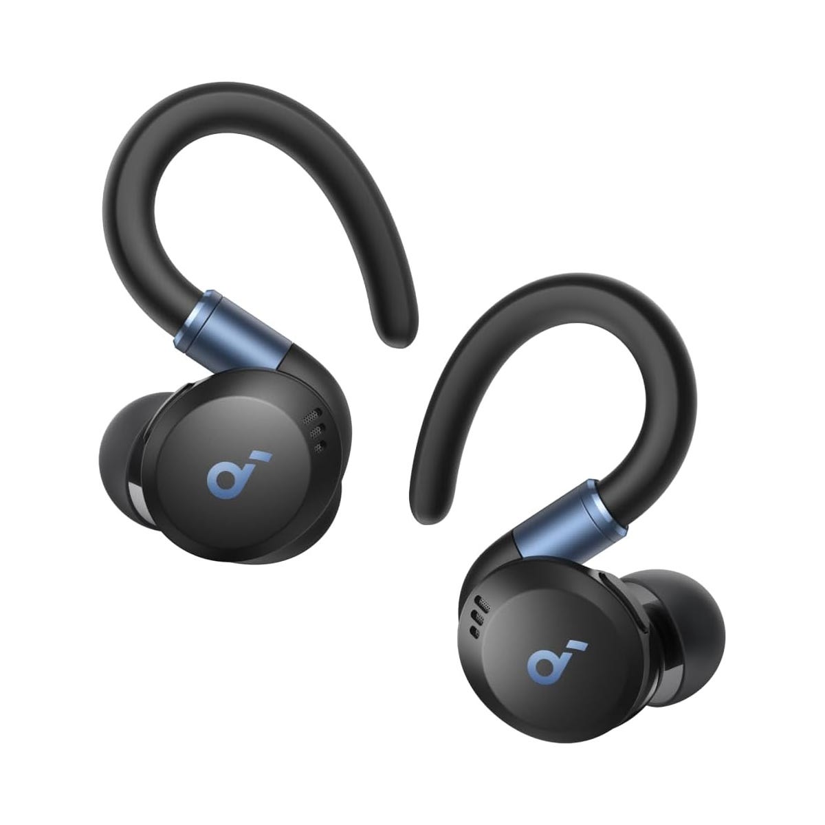 Soundcore Sport Earbuds are black wireless earbuds with ear hooks, designed for a secure fit during physical activities. They feature an \“a\“ logo and a sleek design suitable for exercise and active wear.