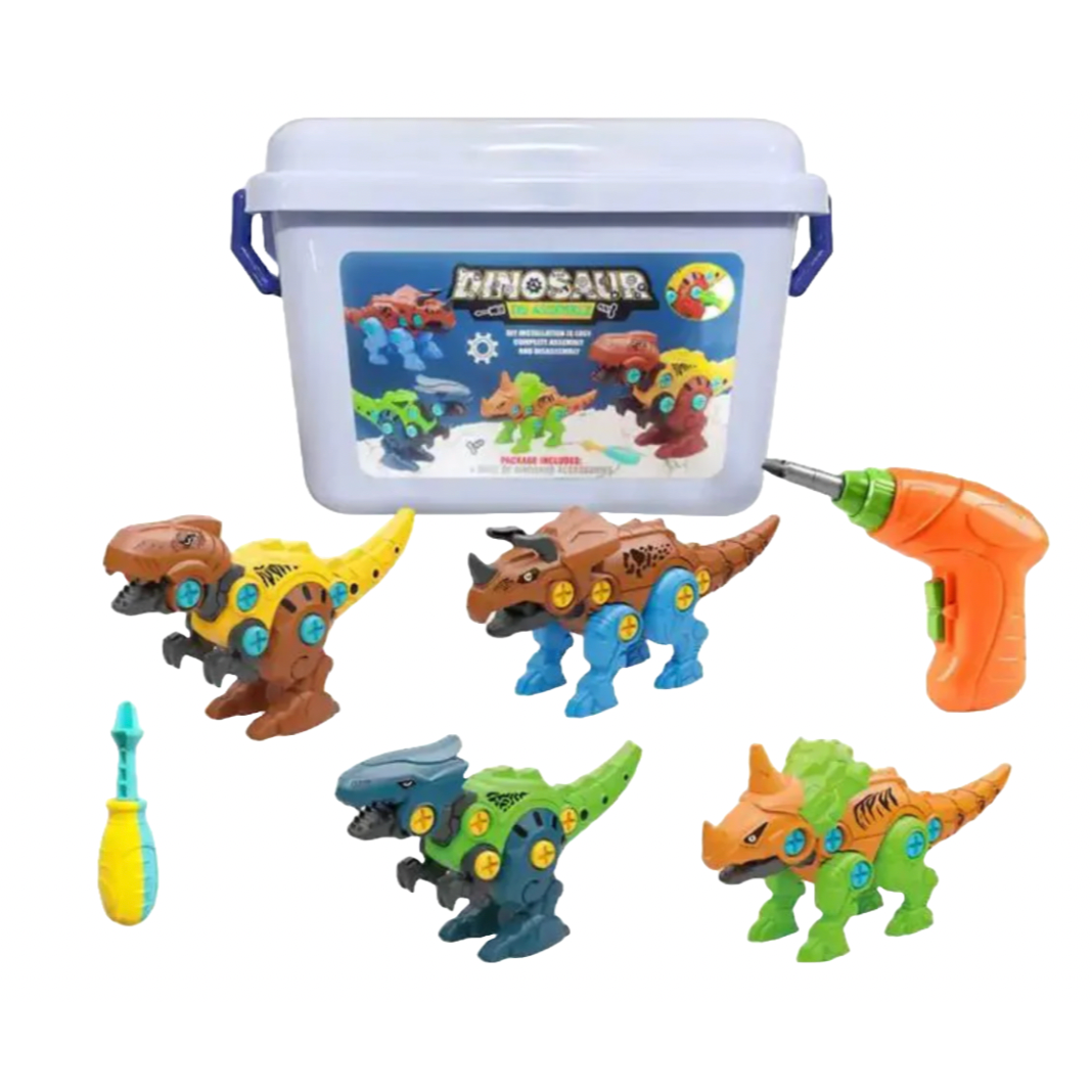 A dinosaur-themed toy set includes four colorful plastic dinosaurs, a play drill, a screwdriver, and a storage bucket with a handle.