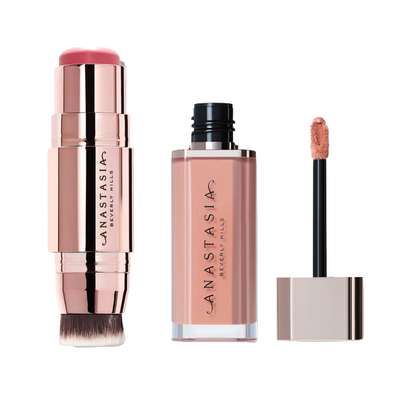 Anastasia Blushed Lip & Cheek Duo includes a dual-ended blush stick with a built-in brush and a liquid lipstick. The blush stick features a pink hue, while the liquid lipstick offers a nude shade.