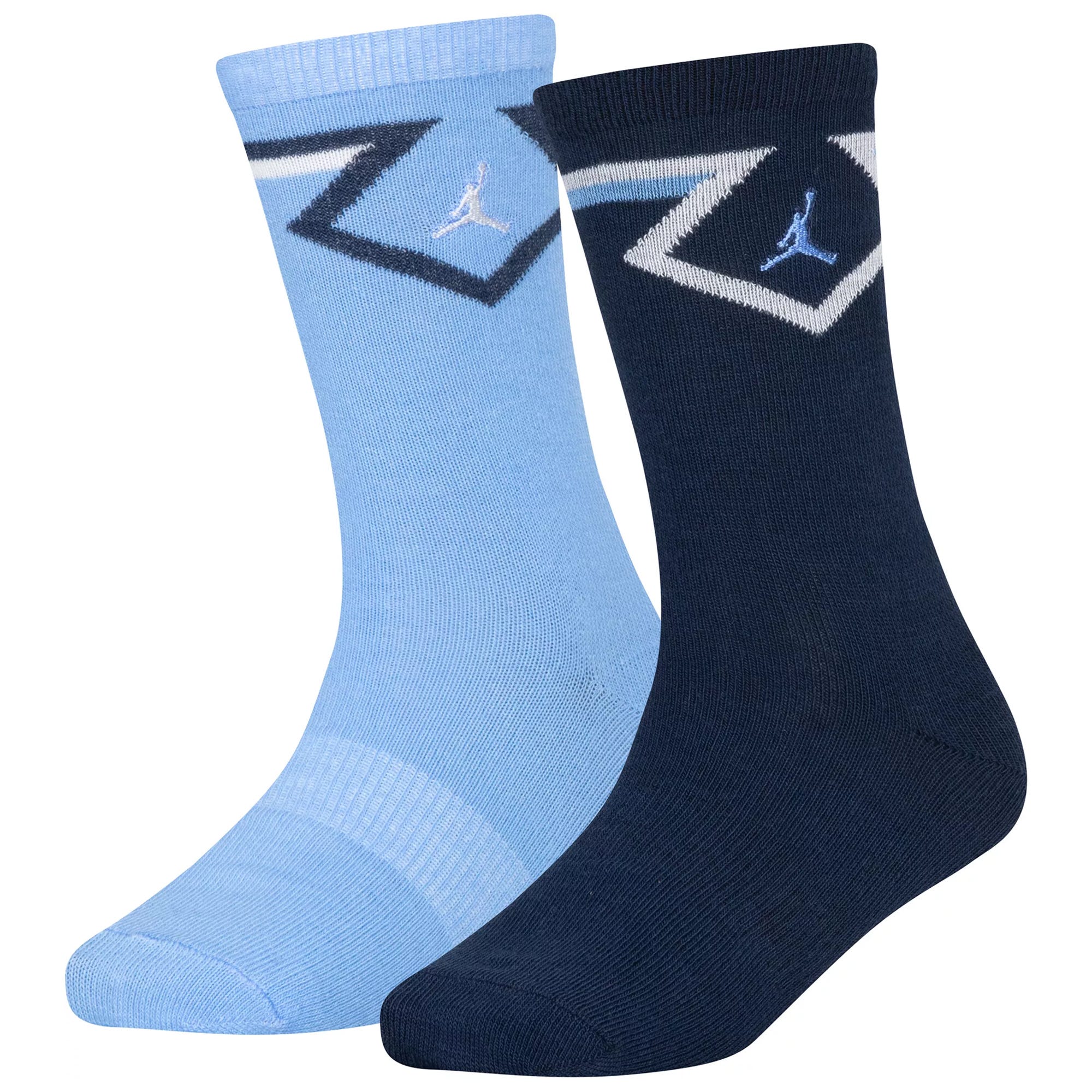 Two pairs of socks, one light blue and one navy, each featuring a geometric design and a small embroidered logo.