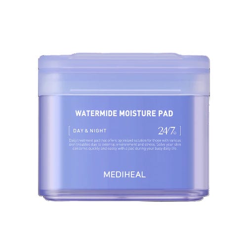 A blue square container labeled \“MEDIHEAL WATERMIDE MOISTURE PAD 24/7, DAY & NIGHT,\“ indicating it's a skincare product designed to provide moisture for both day and night use.