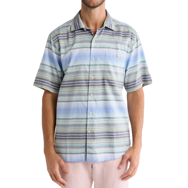 A short-sleeve button-up shirt featuring pastel horizontal stripes in shades of blue, green, and gray, paired with light pink shorts.