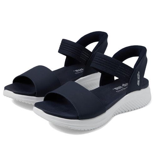 Navy blue sandals with a white sole, featuring elastic ankle straps and an open-toe design.