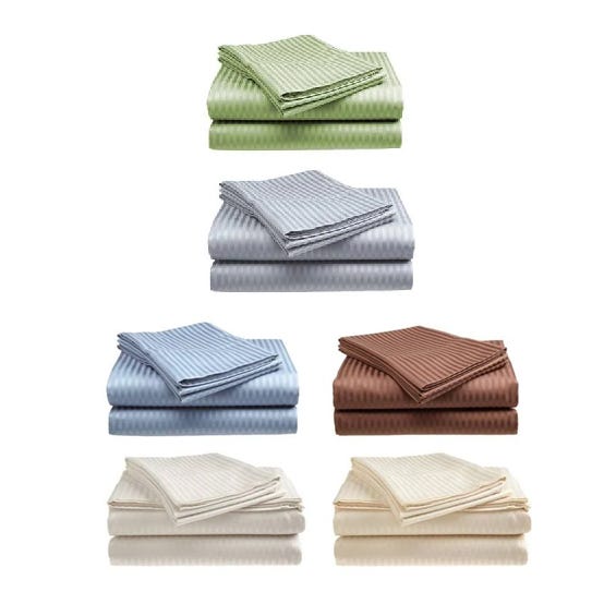 Six sets of striped bed sheets in various colors: green, gray, blue, brown, and two shades of cream.