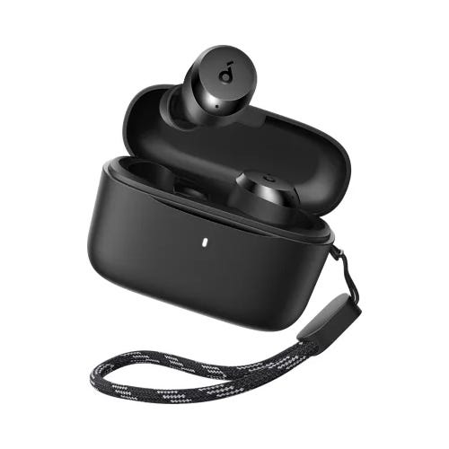 Black Soundcore wireless earbuds with a compact charging case featuring a small LED indicator and a detachable wrist strap.