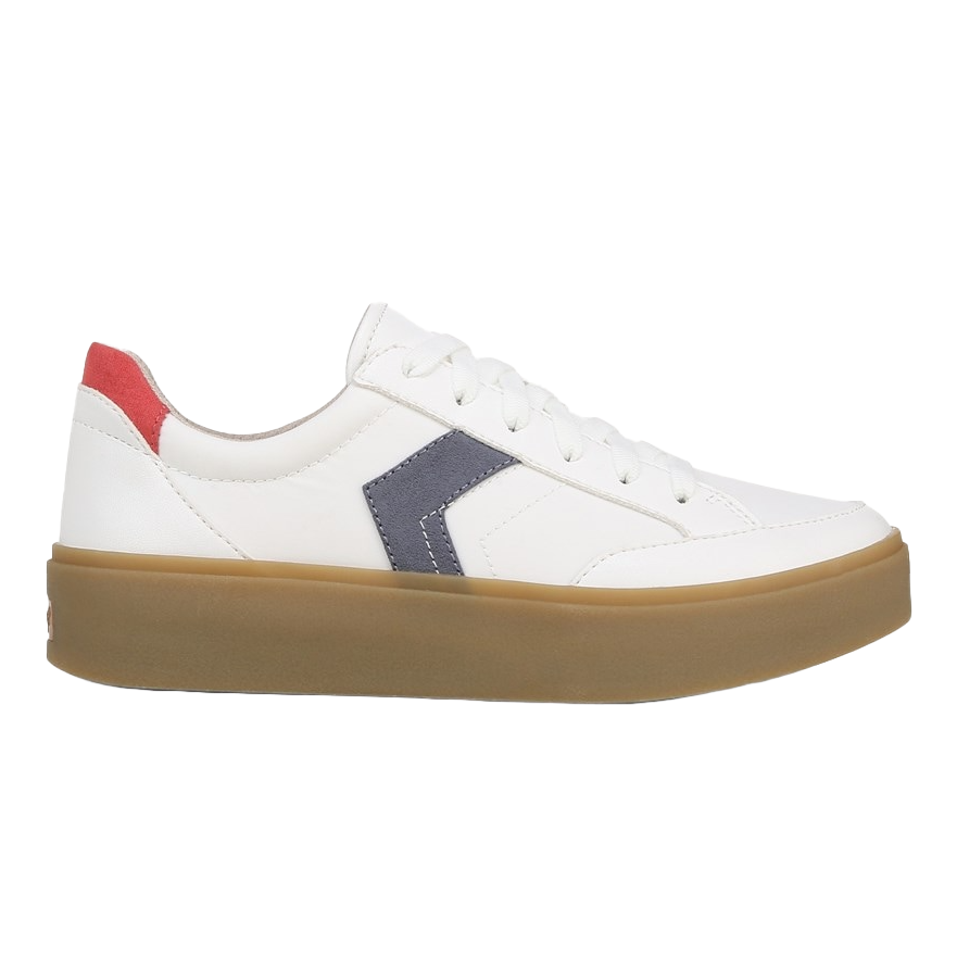 White sneaker with a gum sole, featuring a blue zigzag detail on the side and a red accent on the heel.