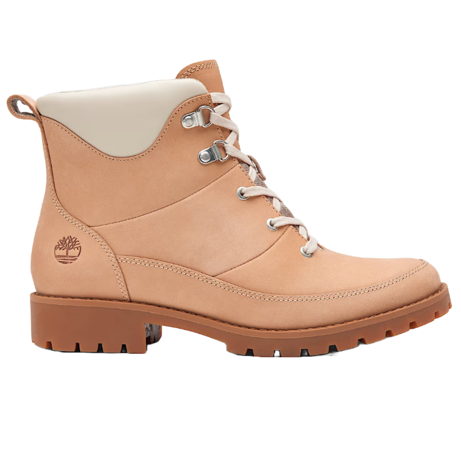 Timberland Ellendale Lace-Up Boots are tan, ankle-high boots featuring a padded collar, silver eyelets, and lugged soles for added grip. The Timberland logo is embossed on the heel area.