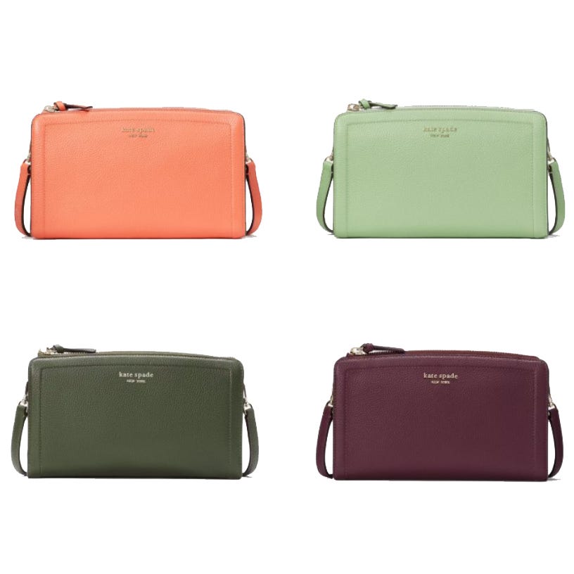 Four rectangular wristlet purses in different colors: coral, mint green, olive green, and plum.