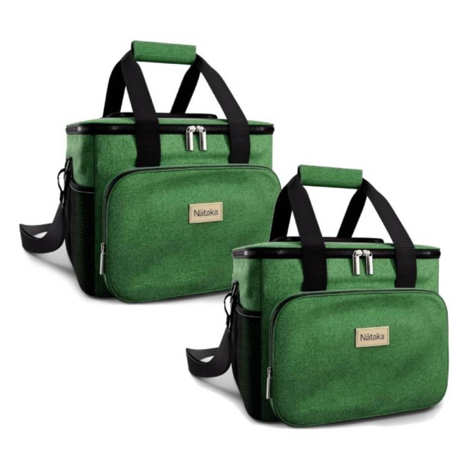 Two green insulated cooler bags with shoulder straps and carrying handles.