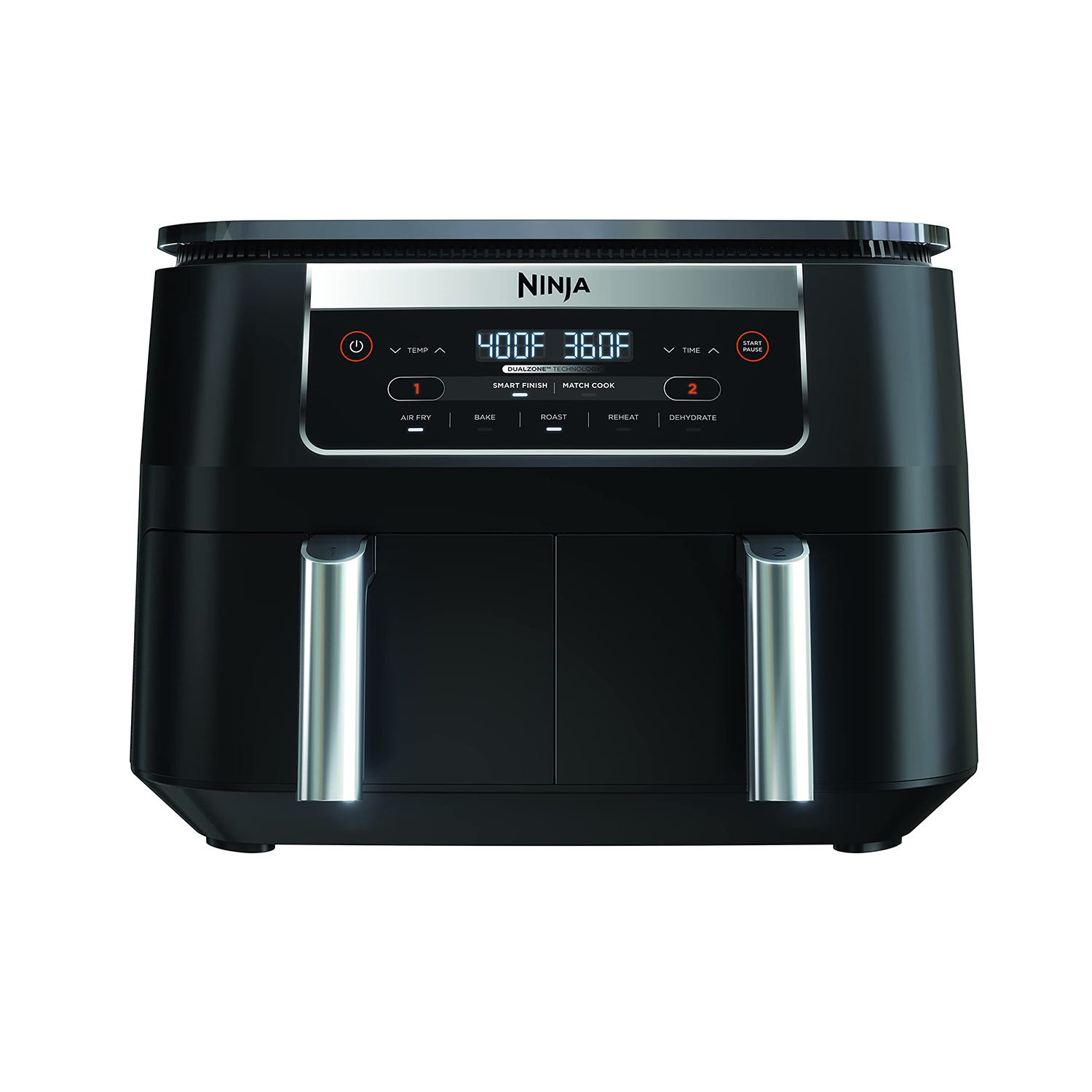 Refurbished Ninja Foodi DualZone Air Fryer features dual cooking zones, allowing different temperatures and cooking modes like air frying, baking, roasting, reheating, and dehydrating, with a digital display for control.