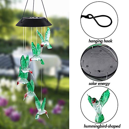 Solar-powered wind chime featuring LED-illuminated hummingbird figures, with a black hanging hook and a solar panel on top.