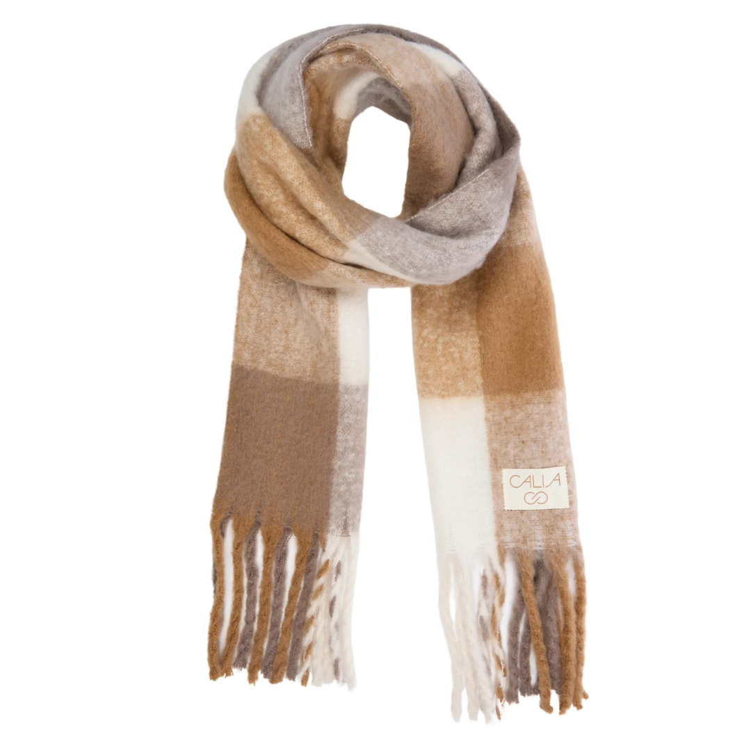 Soft, multicolored plaid scarf with shades of brown, beige, and white, featuring fringed edges and a small label.