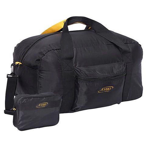 Black duffel bag with detachable shoulder strap and front zip pocket, accompanied by a small matching pouch with a logo.