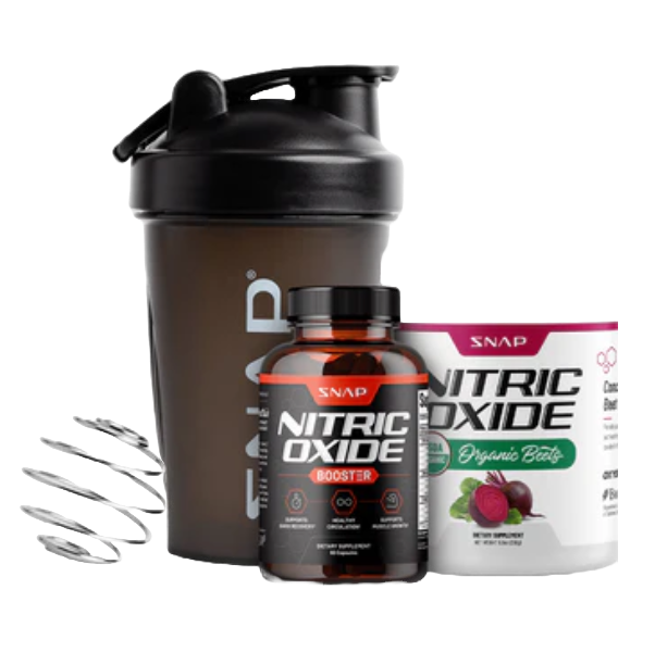 The Cardio Health Bundle includes a shaker bottle, a bottle of Nitric Oxide Booster supplements, and a container of Nitric Oxide Organic Beet powder.